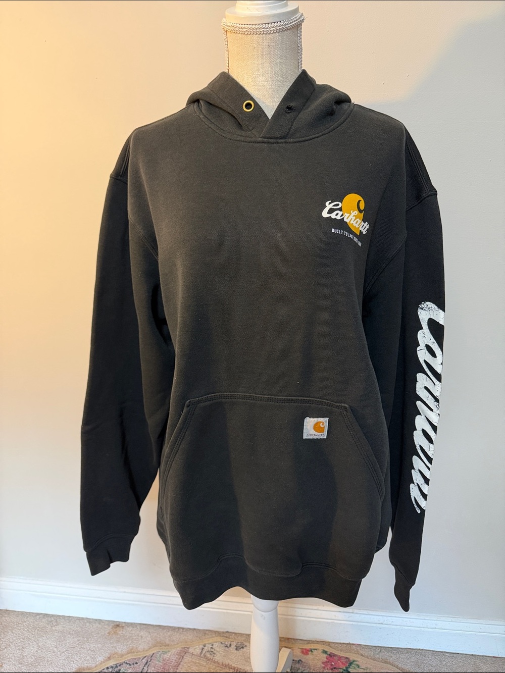 Carhartt Men’s Black Crewneck Hoodie with Yellow Logo Accent